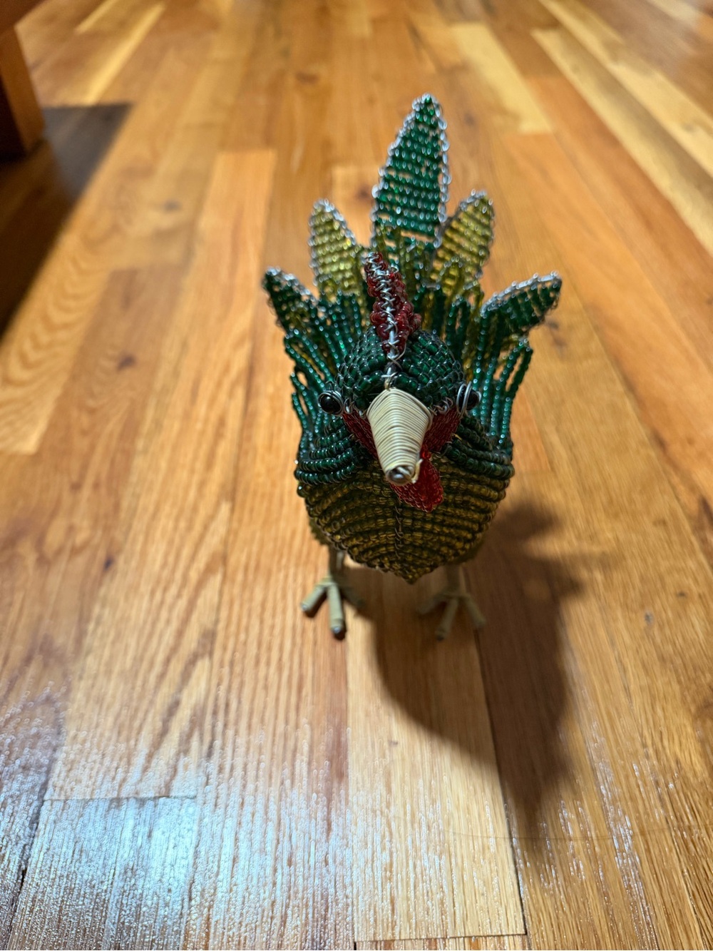 Handcrafted Beaded Green Rooster Sculpture - Home Art Accent